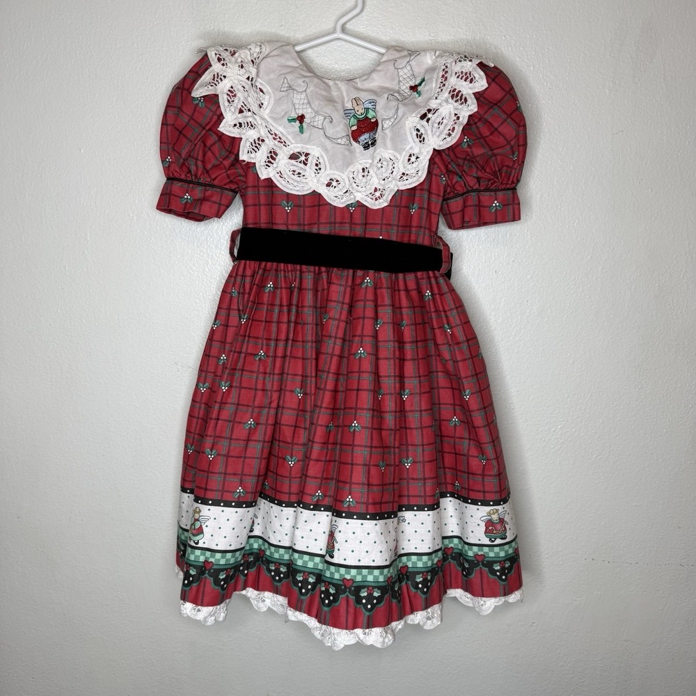 Vintage Daisy Kingdom Red Plaid‎ Bunny Dress Puffed Sleeves Fancy Girls 4T
